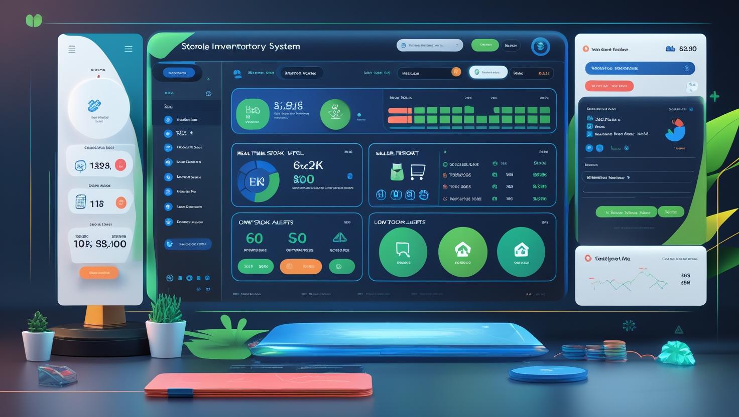 A sleek interface of the Solvision inventory management software on a laptop, displaying graphs and stock levels.