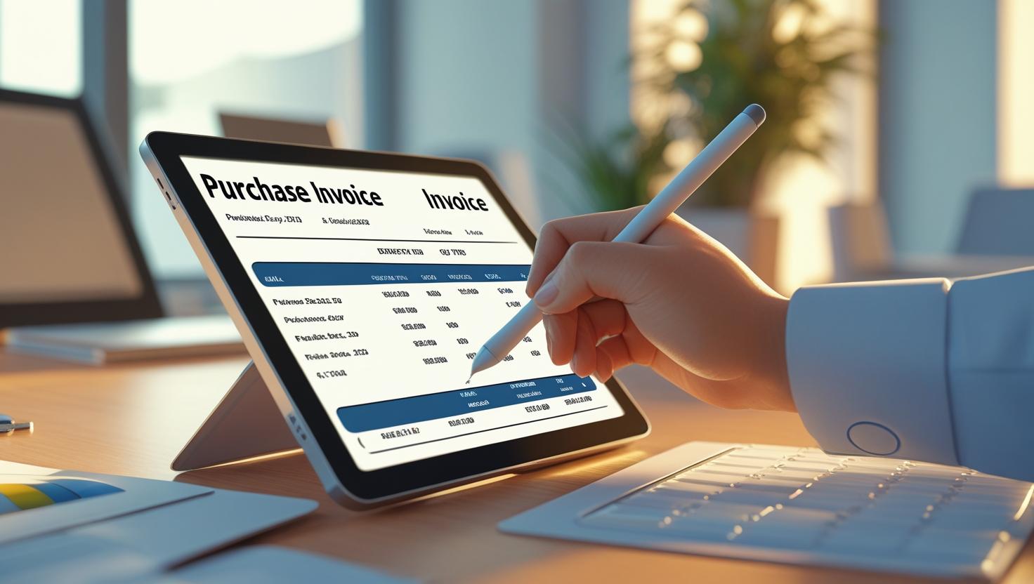 A dashboard on a tablet showing financial analytics and invoice statuses from Solvision's software.