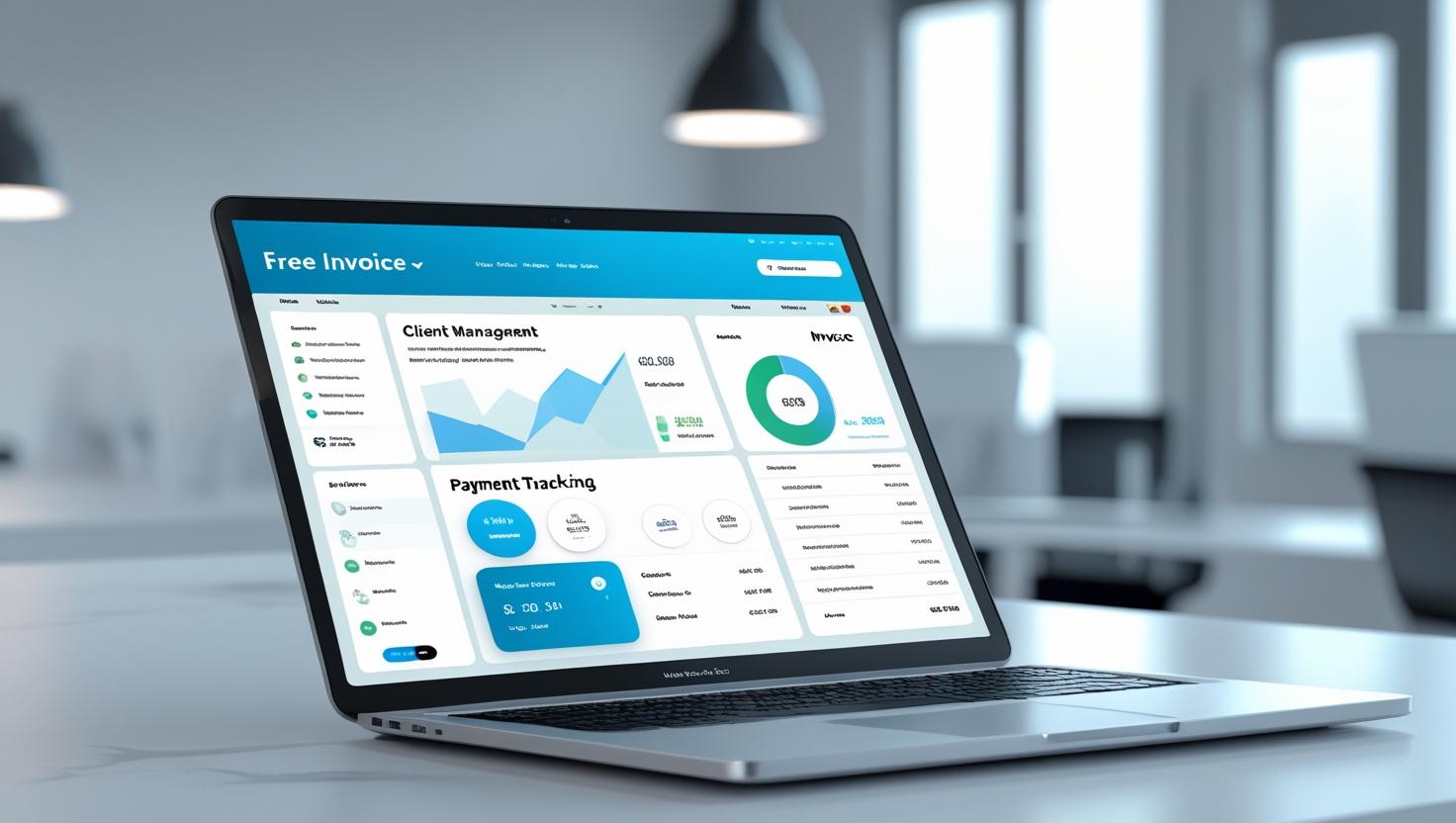 A freelancer smiling while using Solvision's free invoicing software on their laptop in a modern home office.