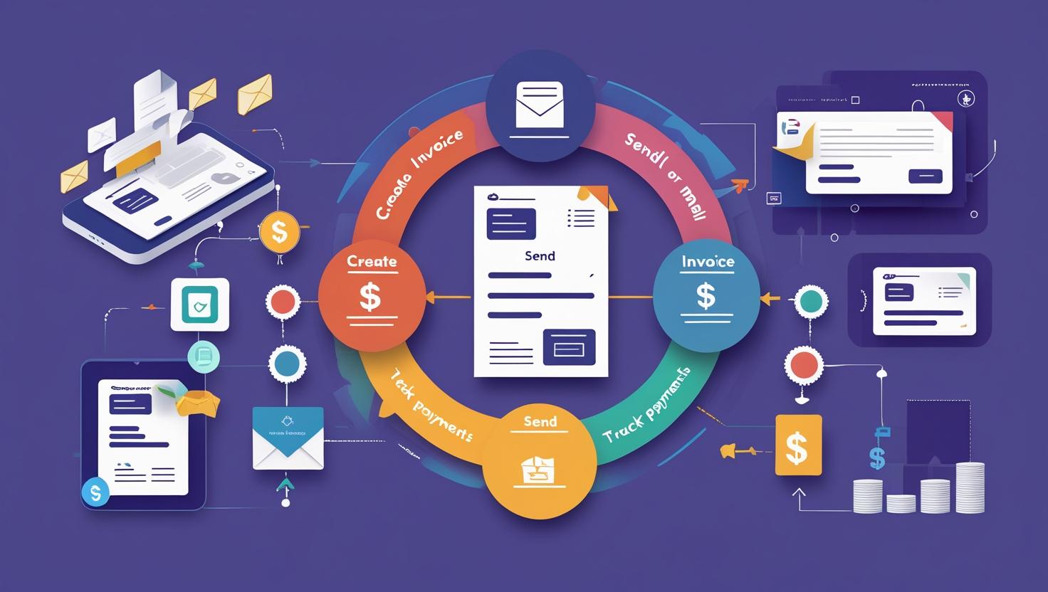 How Solvision Streamlines the Process to Send Invoices to Customers 26 A graphical representation of Solvision's automated invoice processing workflow, showing steps from creation to payment with AI and automation icons.